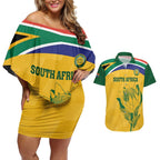 Custom South Africa Cricket Couples Matching Off Shoulder Short Dress and Hawaiian Shirt Go Champions World Cup Proteas