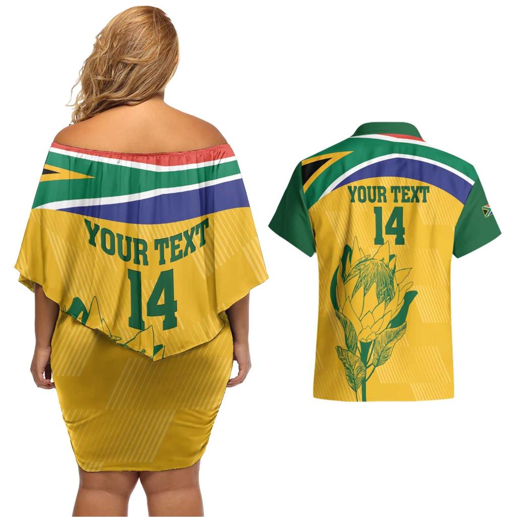 Custom South Africa Cricket Couples Matching Off Shoulder Short Dress and Hawaiian Shirt Go Champions World Cup Proteas