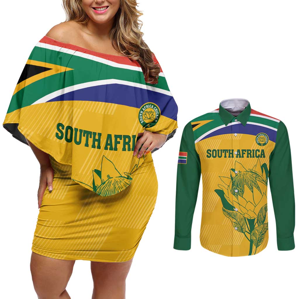 Custom South Africa Cricket Couples Matching Off Shoulder Short Dress and Long Sleeve Button Shirt Go Champions World Cup Proteas