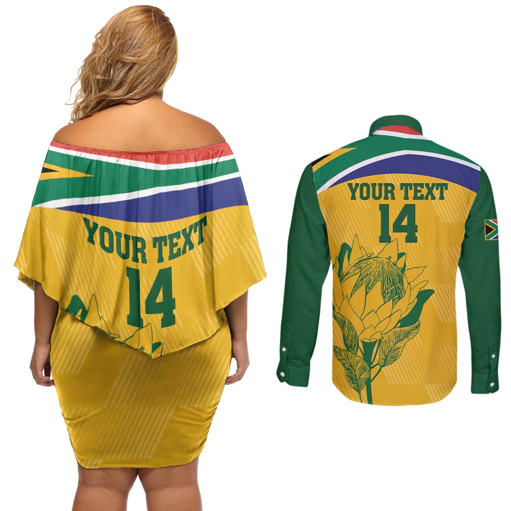 Custom South Africa Cricket Couples Matching Off Shoulder Short Dress and Long Sleeve Button Shirt Go Champions World Cup Proteas