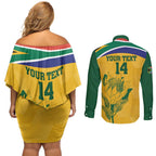 Custom South Africa Cricket Couples Matching Off Shoulder Short Dress and Long Sleeve Button Shirt Go Champions World Cup Proteas