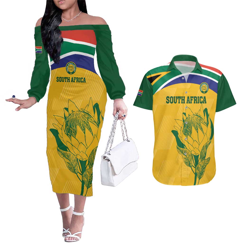 Custom South Africa Cricket Couples Matching Off The Shoulder Long Sleeve Dress and Hawaiian Shirt Go Champions World Cup Proteas
