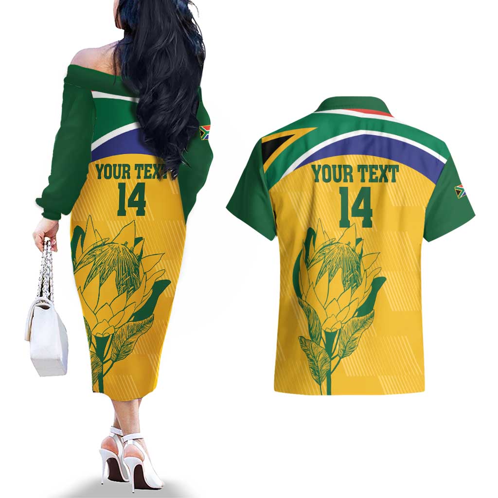 Custom South Africa Cricket Couples Matching Off The Shoulder Long Sleeve Dress and Hawaiian Shirt Go Champions World Cup Proteas