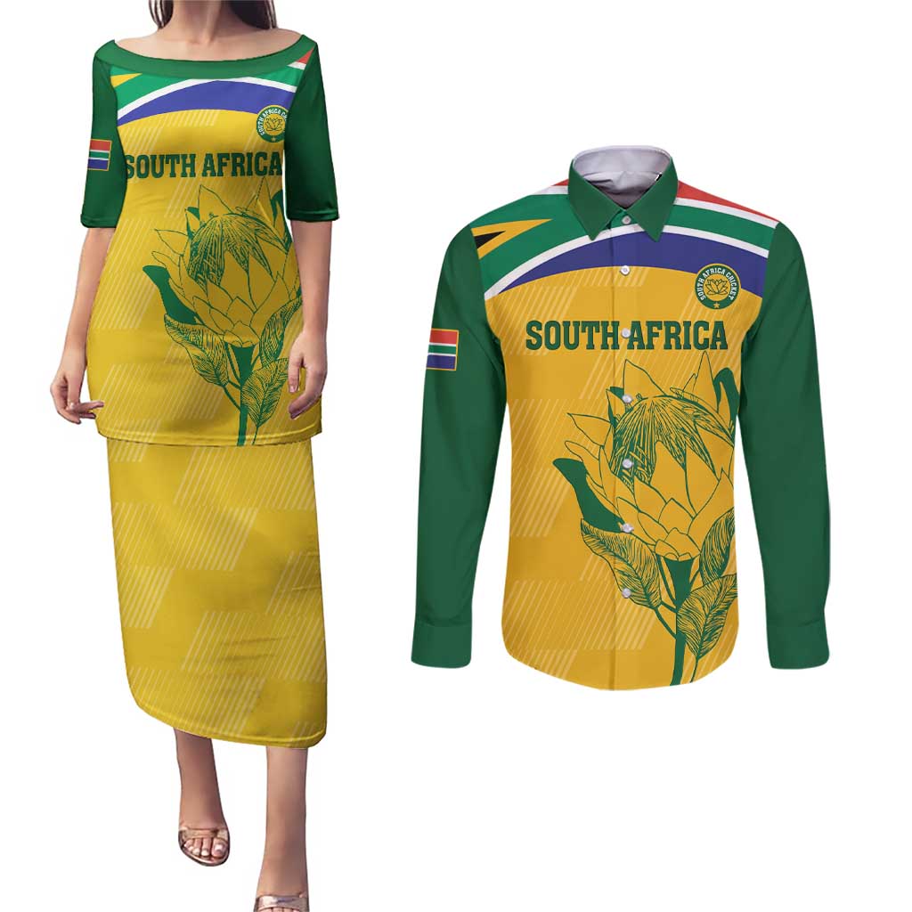 Custom South Africa Cricket Couples Matching Puletasi and Long Sleeve Button Shirt Go Champions World Cup Proteas