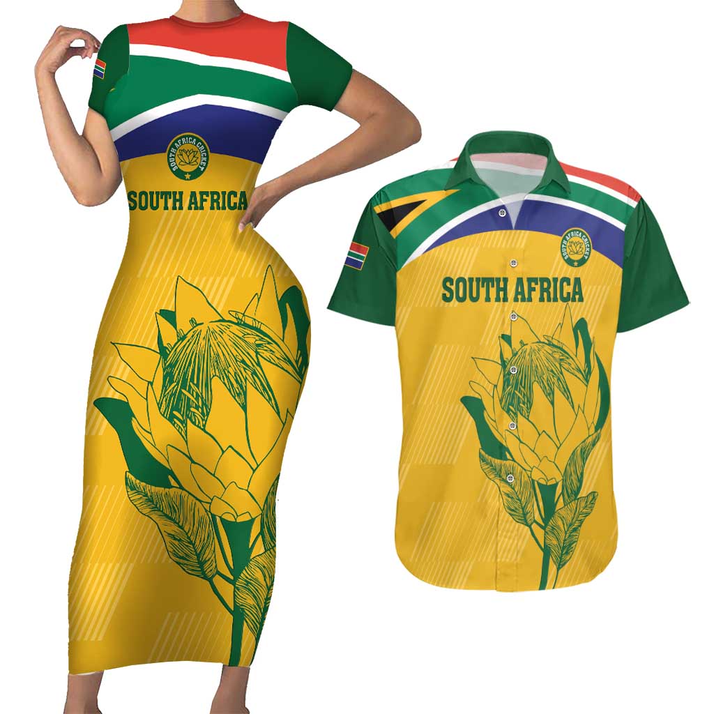Custom South Africa Cricket Couples Matching Short Sleeve Bodycon Dress and Hawaiian Shirt Go Champions World Cup Proteas