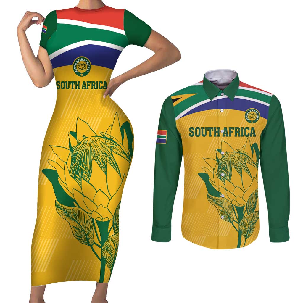 Custom South Africa Cricket Couples Matching Short Sleeve Bodycon Dress and Long Sleeve Button Shirt Go Champions World Cup Proteas