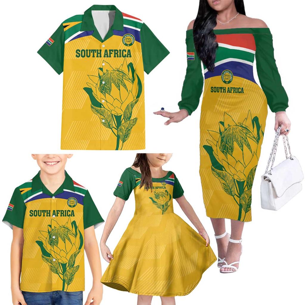 Custom South Africa Cricket Family Matching Off The Shoulder Long Sleeve Dress and Hawaiian Shirt Go Champions World Cup Proteas