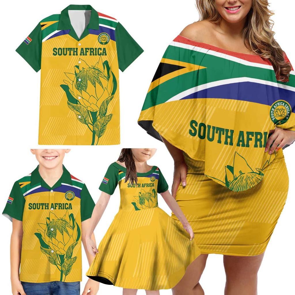 Custom South Africa Cricket Family Matching Off Shoulder Short Dress and Hawaiian Shirt Go Champions World Cup Proteas