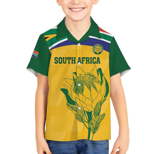 Custom South Africa Cricket Family Matching Off Shoulder Short Dress and Hawaiian Shirt Go Champions World Cup Proteas