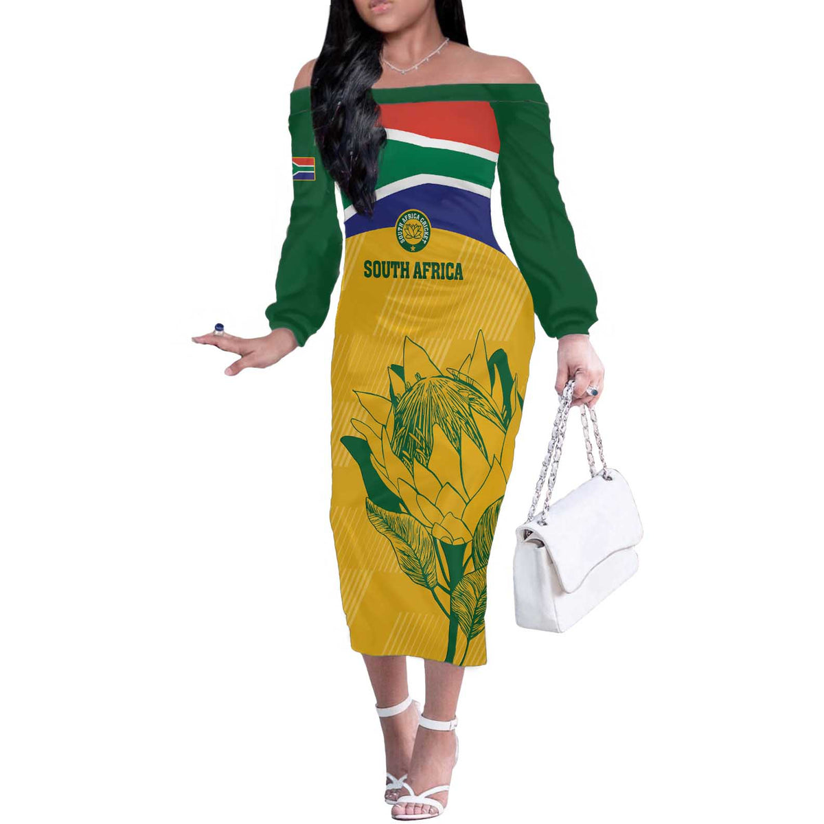 Custom South Africa Cricket Off The Shoulder Long Sleeve Dress Go Champions World Cup Proteas