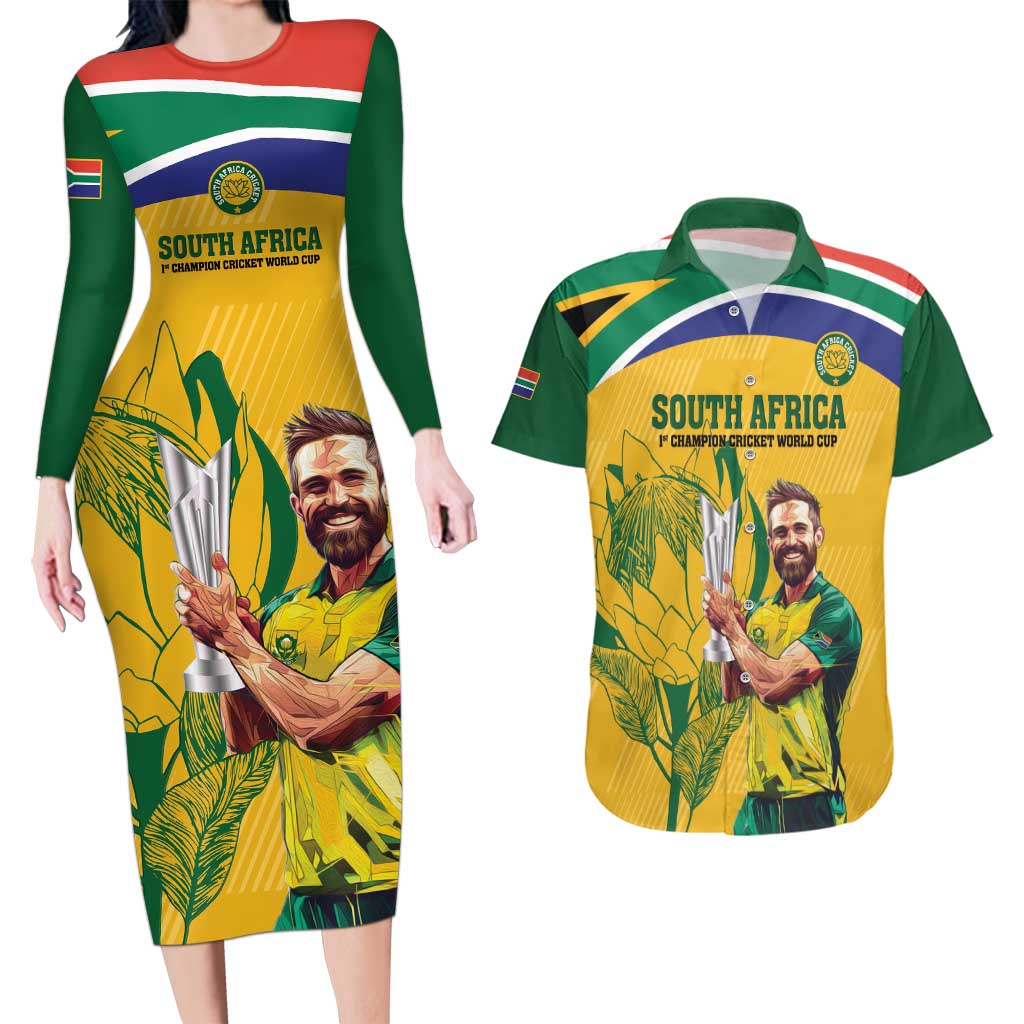 South Africa Cricket Couples Matching Long Sleeve Bodycon Dress and Hawaiian Shirt 1st Champions World Cup Proud Of Our Boys