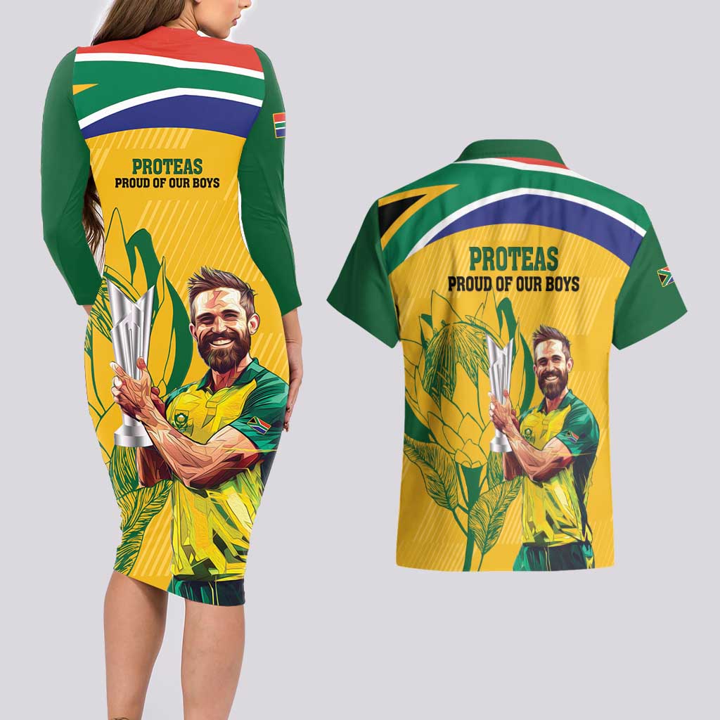 South Africa Cricket Couples Matching Long Sleeve Bodycon Dress and Hawaiian Shirt 1st Champions World Cup Proud Of Our Boys