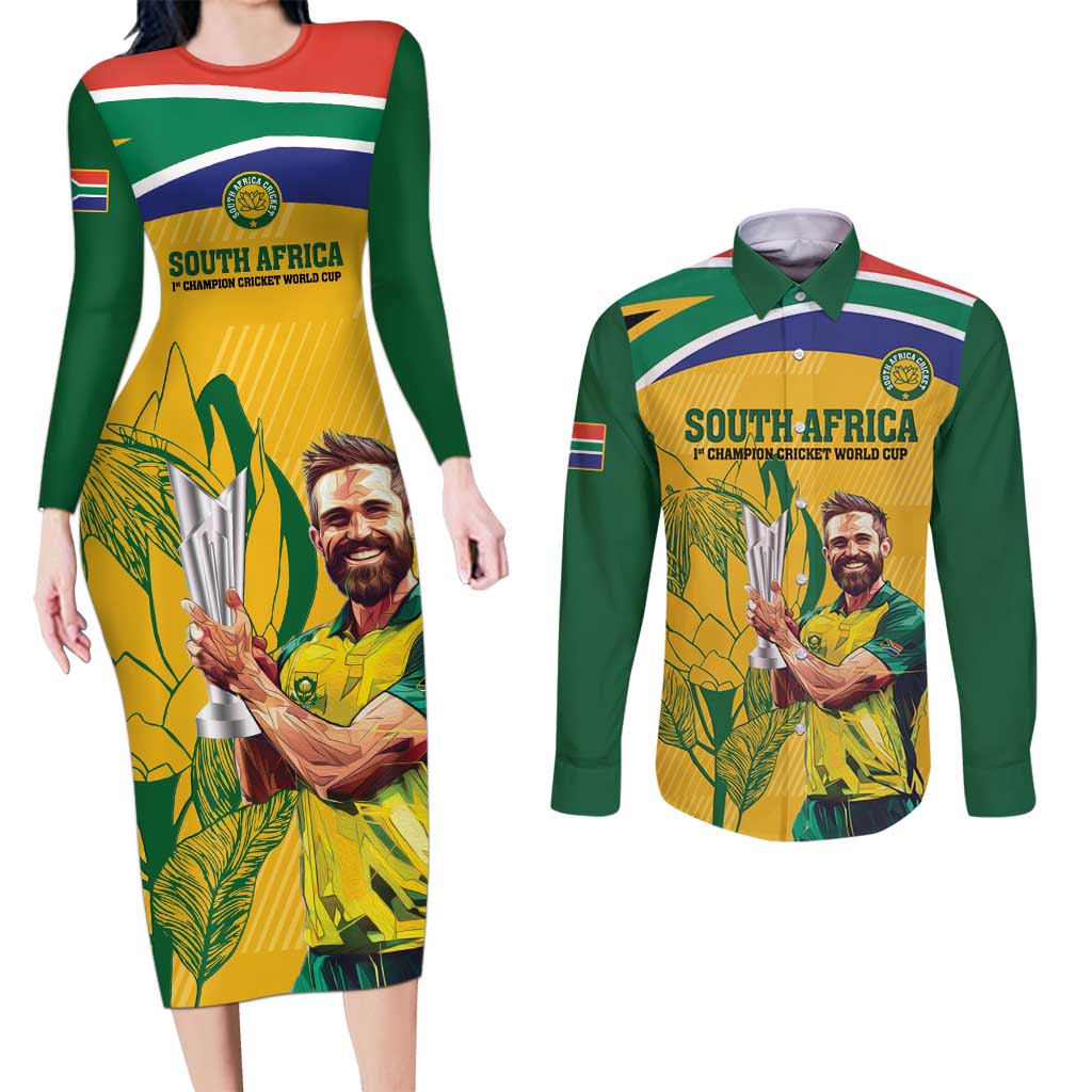 South Africa Cricket Couples Matching Long Sleeve Bodycon Dress and Long Sleeve Button Shirt 1st Champions World Cup Proud Of Our Boys
