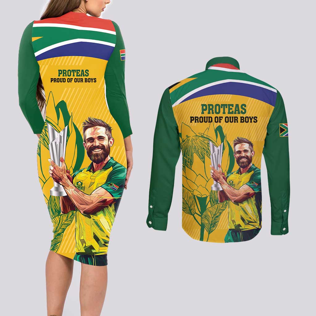 South Africa Cricket Couples Matching Long Sleeve Bodycon Dress and Long Sleeve Button Shirt 1st Champions World Cup Proud Of Our Boys