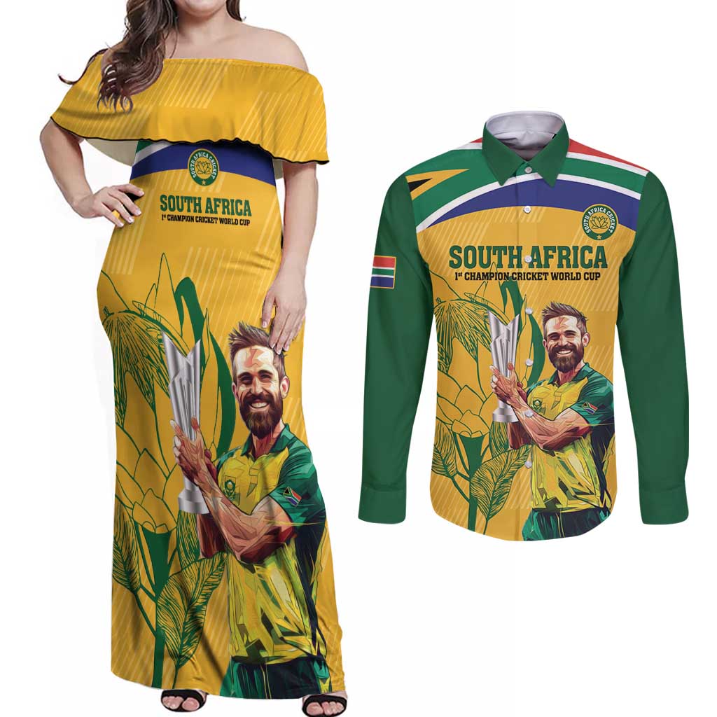 South Africa Cricket Couples Matching Off Shoulder Maxi Dress and Long Sleeve Button Shirt 1st Champions World Cup Proud Of Our Boys