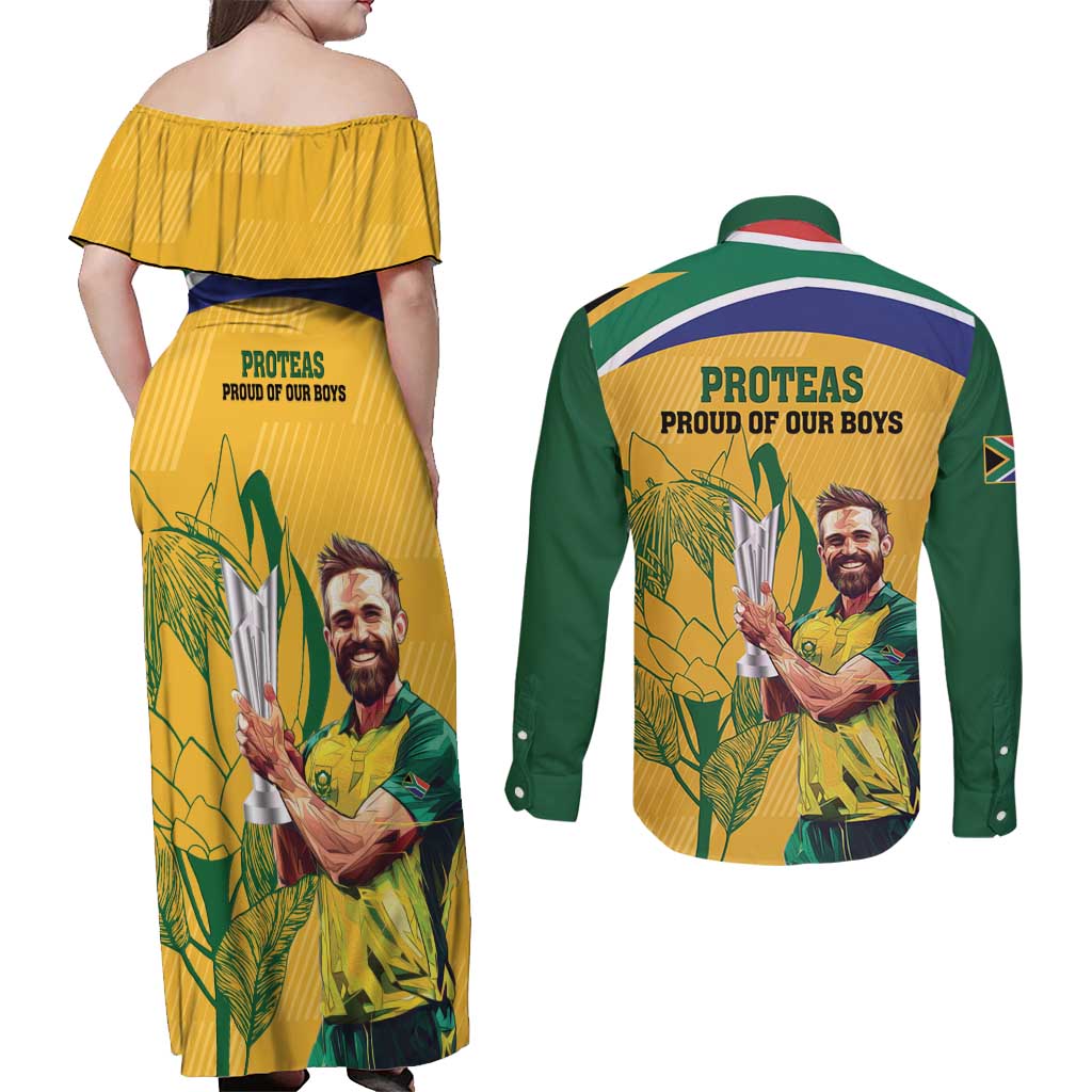 South Africa Cricket Couples Matching Off Shoulder Maxi Dress and Long Sleeve Button Shirt 1st Champions World Cup Proud Of Our Boys