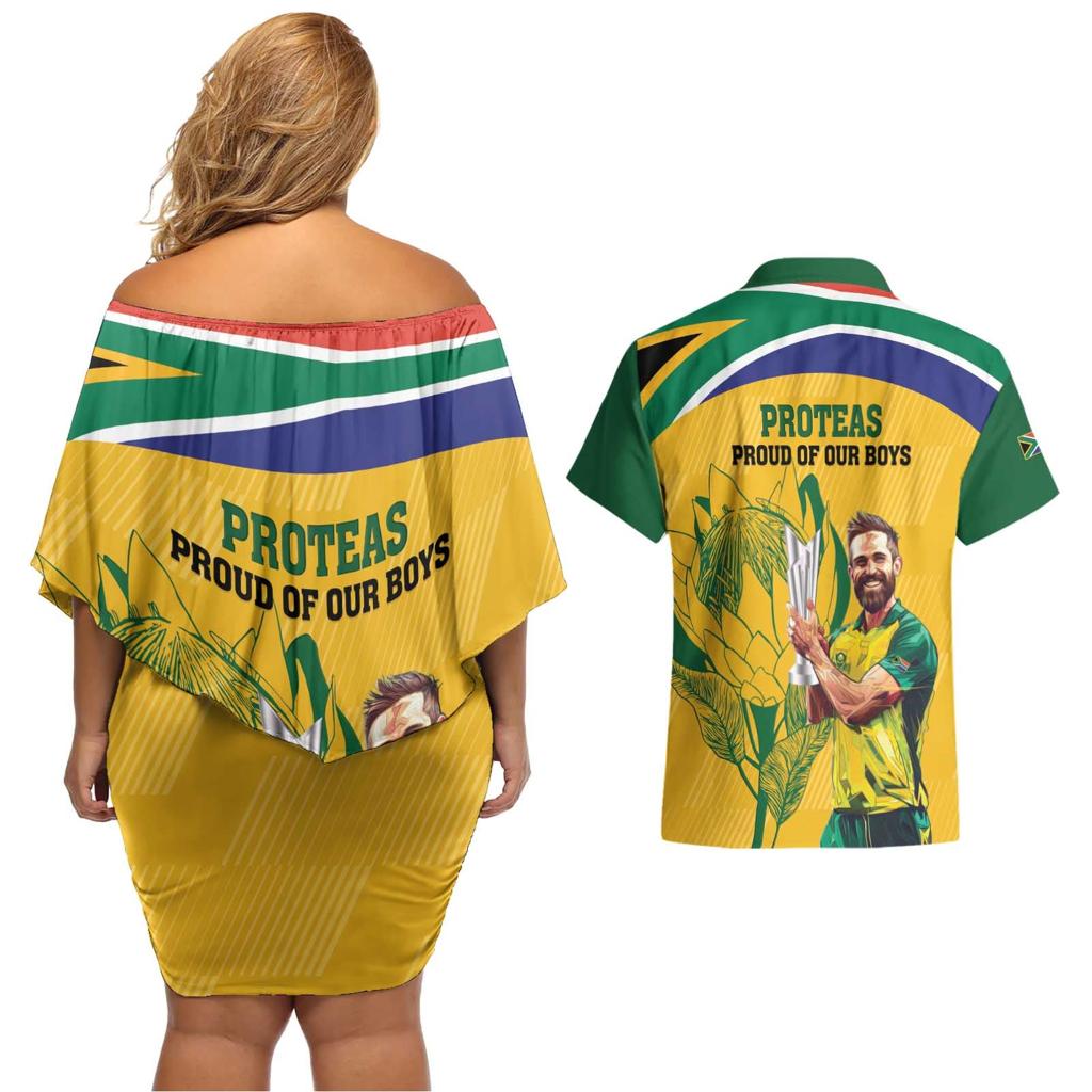 South Africa Cricket Couples Matching Off Shoulder Short Dress and Hawaiian Shirt 1st Champions World Cup Proud Of Our Boys