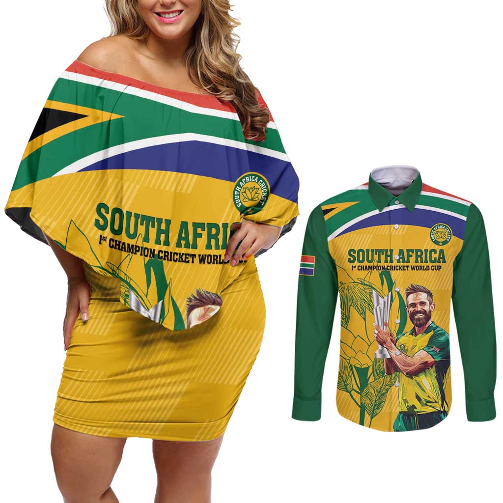 South Africa Cricket Couples Matching Off Shoulder Short Dress and Long Sleeve Button Shirt 1st Champions World Cup Proud Of Our Boys