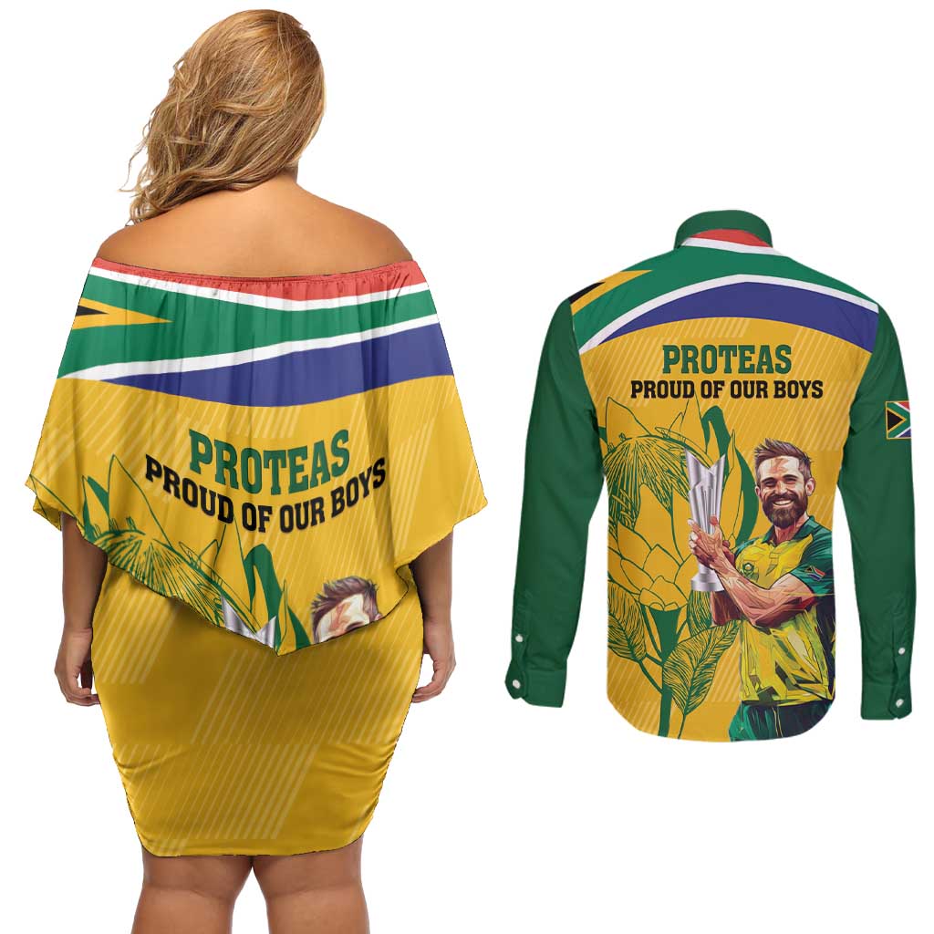 South Africa Cricket Couples Matching Off Shoulder Short Dress and Long Sleeve Button Shirt 1st Champions World Cup Proud Of Our Boys