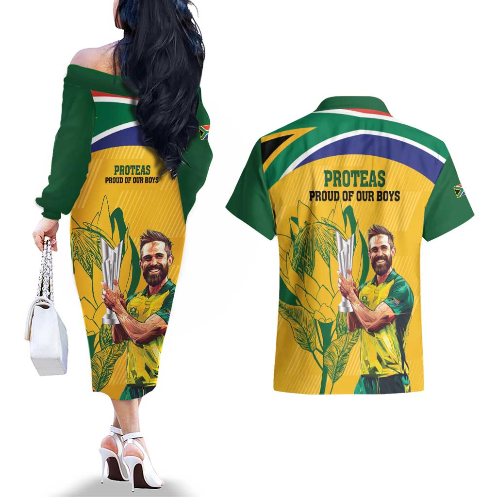 South Africa Cricket Couples Matching Off The Shoulder Long Sleeve Dress and Hawaiian Shirt 1st Champions World Cup Proud Of Our Boys