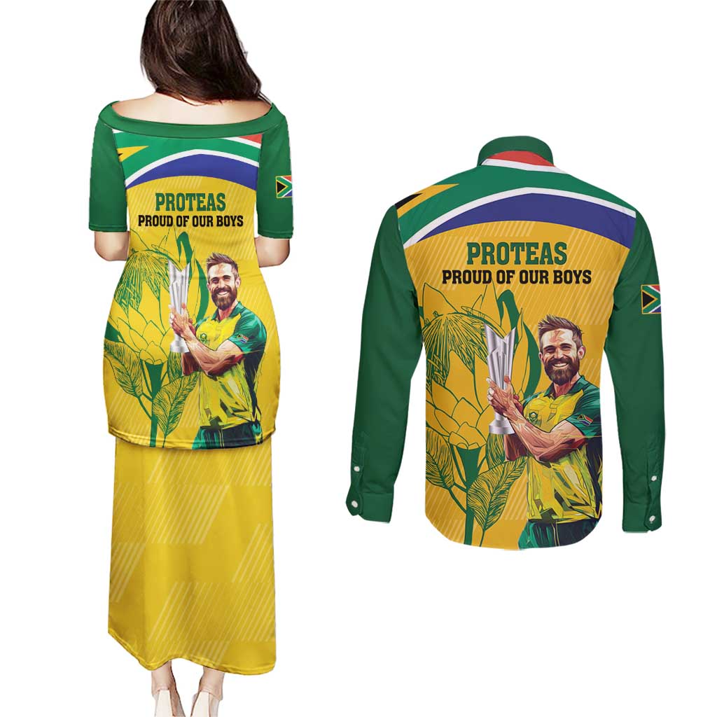South Africa Cricket Couples Matching Puletasi and Long Sleeve Button Shirt 1st Champions World Cup Proud Of Our Boys