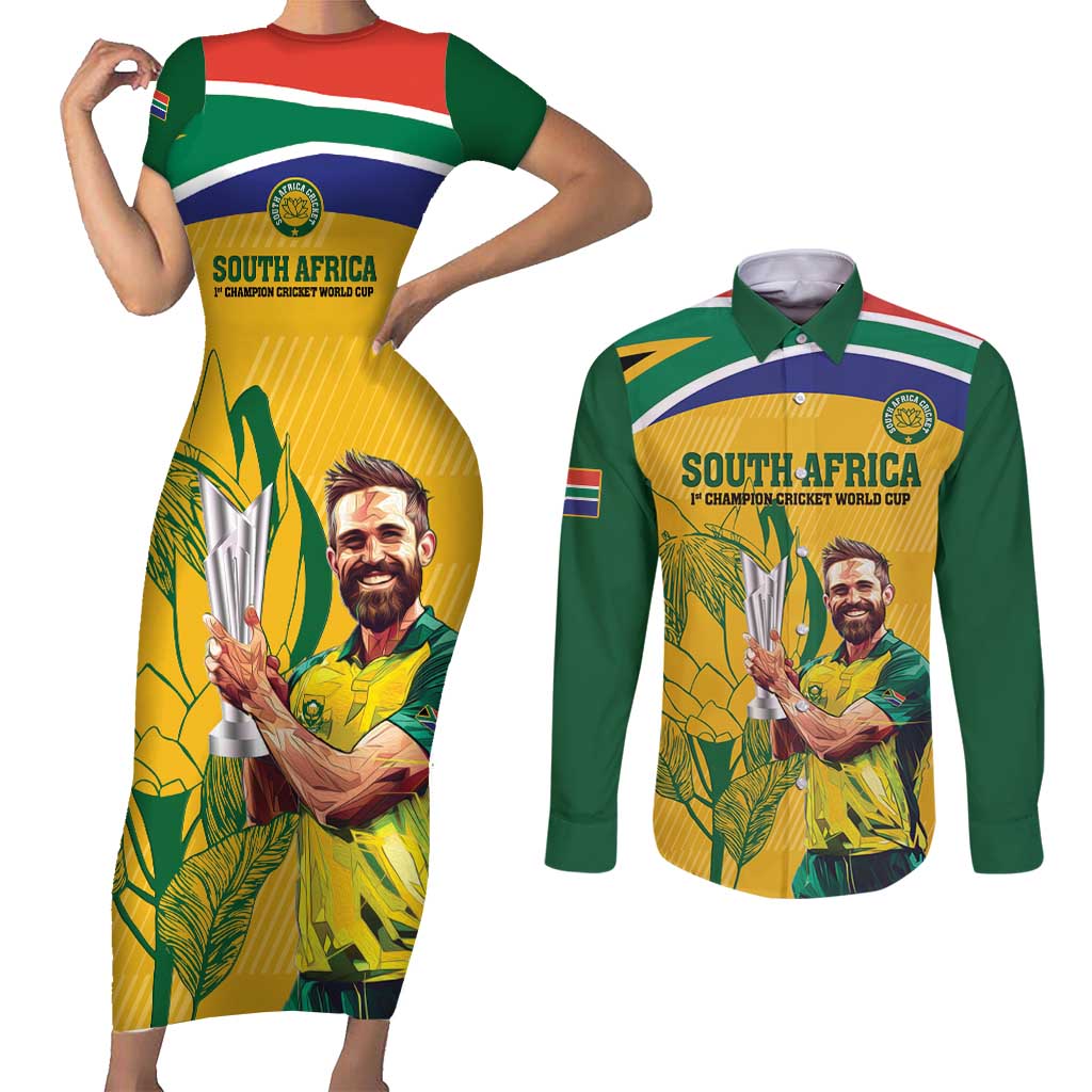 South Africa Cricket Couples Matching Short Sleeve Bodycon Dress and Long Sleeve Button Shirt 1st Champions World Cup Proud Of Our Boys