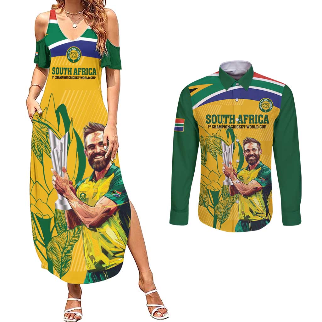 South Africa Cricket Couples Matching Summer Maxi Dress and Long Sleeve Button Shirt 1st Champions World Cup Proud Of Our Boys