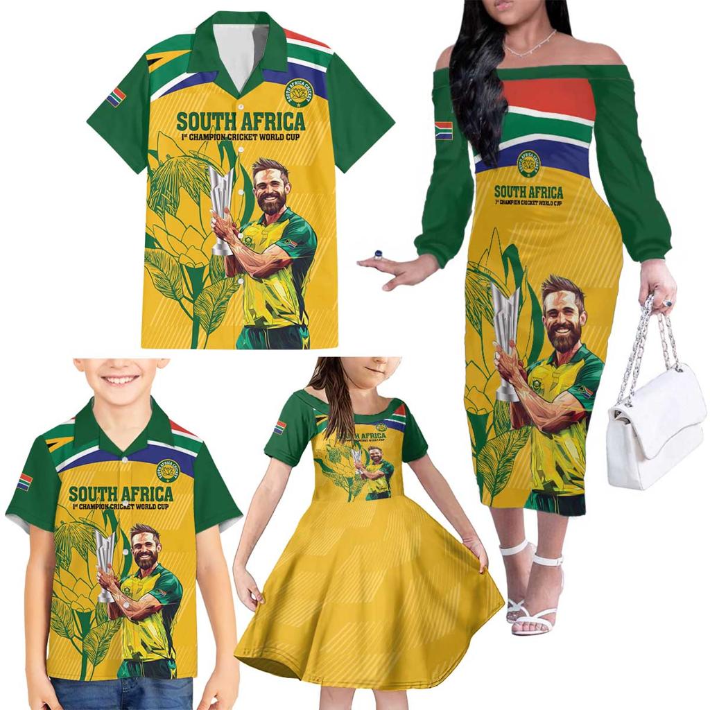 South Africa Cricket Family Matching Off The Shoulder Long Sleeve Dress and Hawaiian Shirt 1st Champions World Cup Proud Of Our Boys