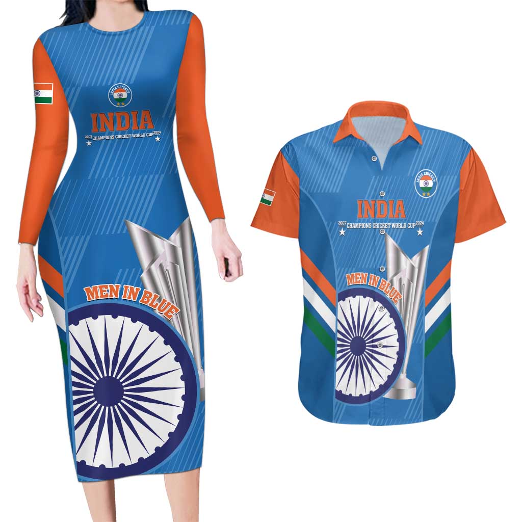 Custom India Cricket Couples Matching Long Sleeve Bodycon Dress and Hawaiian Shirt 2nd Champions World Cup Men In Blue
