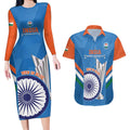 Custom India Cricket Couples Matching Long Sleeve Bodycon Dress and Hawaiian Shirt 2nd Champions World Cup Men In Blue