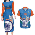 Custom India Cricket Couples Matching Long Sleeve Bodycon Dress and Hawaiian Shirt 2nd Champions World Cup Men In Blue