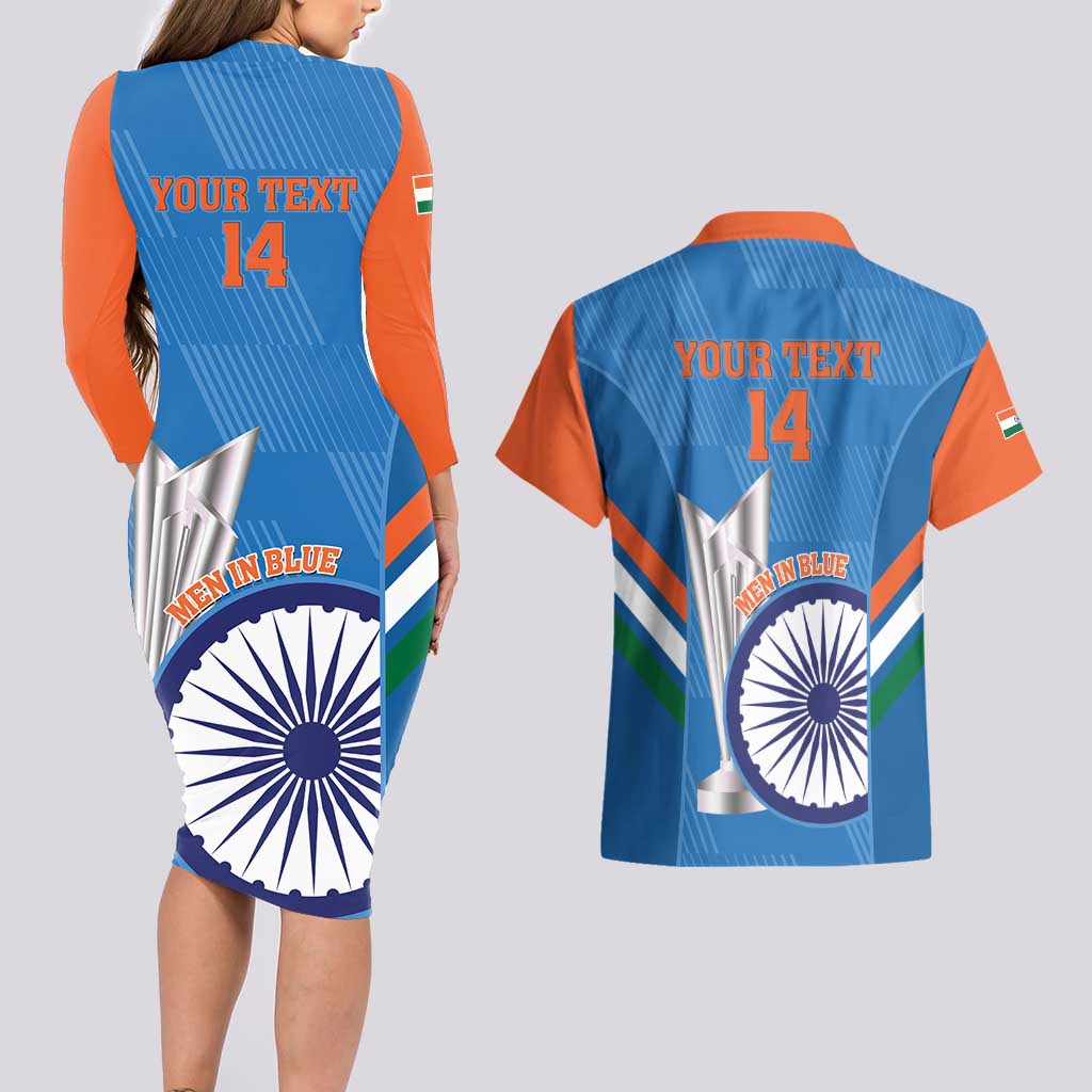 Custom India Cricket Couples Matching Long Sleeve Bodycon Dress and Hawaiian Shirt 2nd Champions World Cup Men In Blue