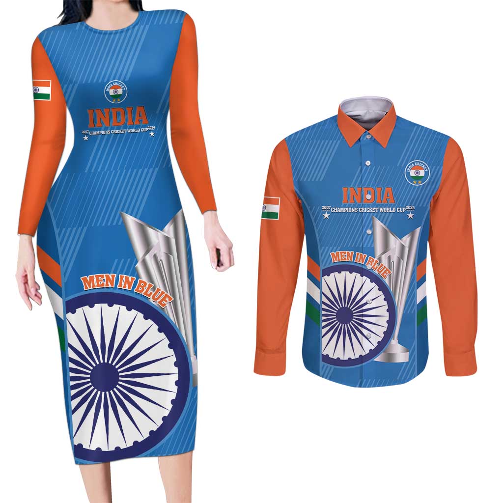 Custom India Cricket Couples Matching Long Sleeve Bodycon Dress and Long Sleeve Button Shirt 2nd Champions World Cup Men In Blue