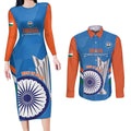 Custom India Cricket Couples Matching Long Sleeve Bodycon Dress and Long Sleeve Button Shirt 2nd Champions World Cup Men In Blue