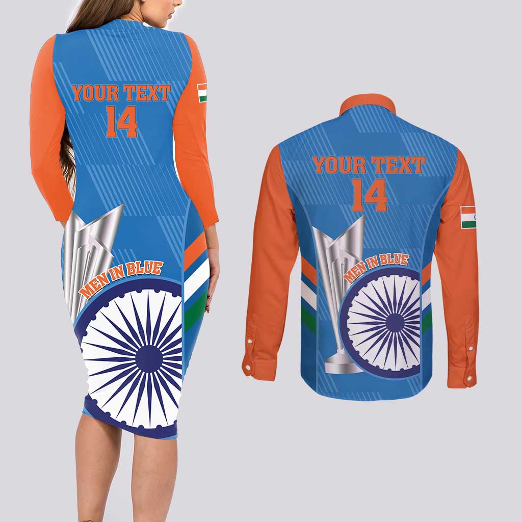 Custom India Cricket Couples Matching Long Sleeve Bodycon Dress and Long Sleeve Button Shirt 2nd Champions World Cup Men In Blue