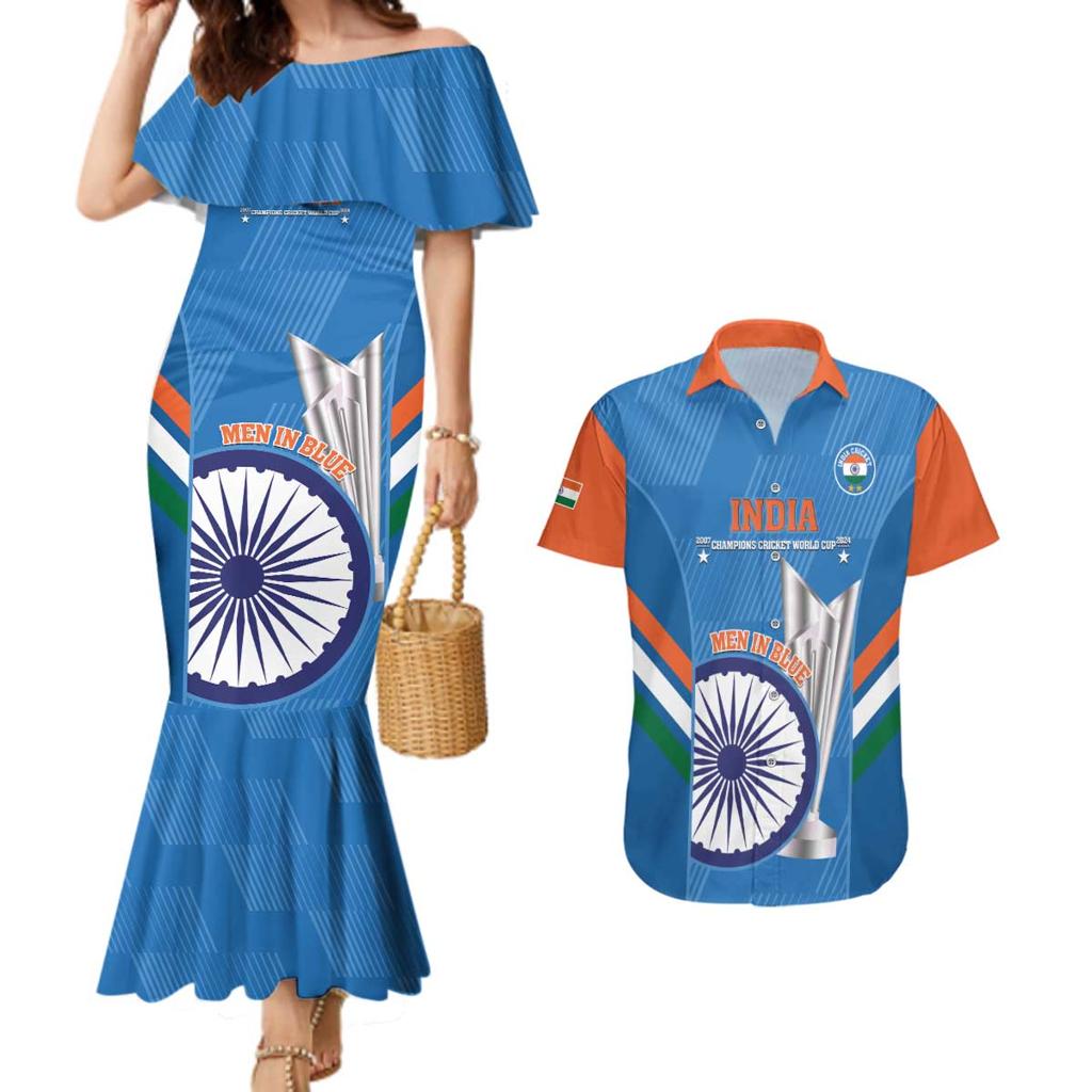 Custom India Cricket Couples Matching Mermaid Dress and Hawaiian Shirt 2nd Champions World Cup Men In Blue