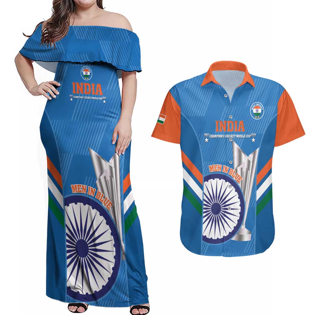 Custom India Cricket Couples Matching Off Shoulder Maxi Dress and Hawaiian Shirt 2nd Champions World Cup Men In Blue
