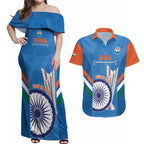 Custom India Cricket Couples Matching Off Shoulder Maxi Dress and Hawaiian Shirt 2nd Champions World Cup Men In Blue