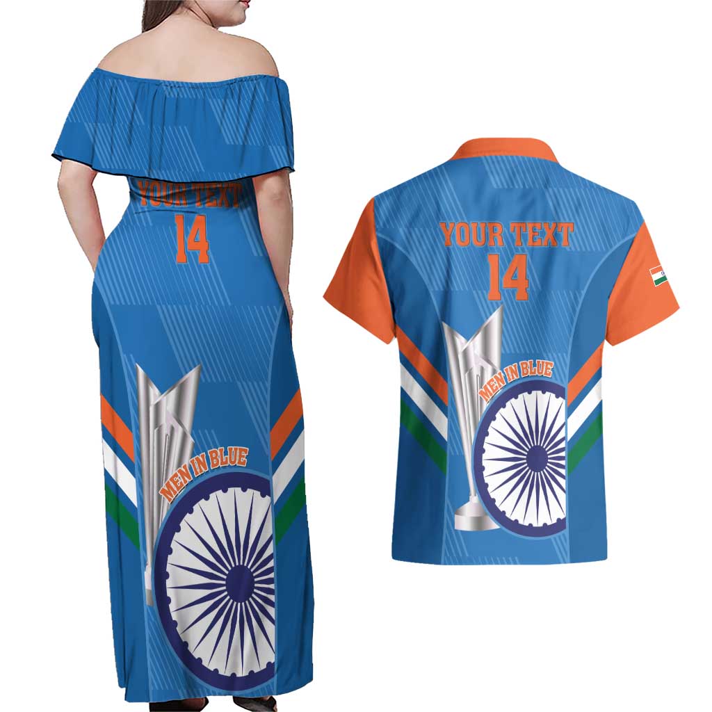 Custom India Cricket Couples Matching Off Shoulder Maxi Dress and Hawaiian Shirt 2nd Champions World Cup Men In Blue