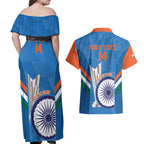 Custom India Cricket Couples Matching Off Shoulder Maxi Dress and Hawaiian Shirt 2nd Champions World Cup Men In Blue