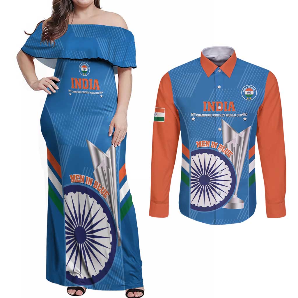 Custom India Cricket Couples Matching Off Shoulder Maxi Dress and Long Sleeve Button Shirt 2nd Champions World Cup Men In Blue