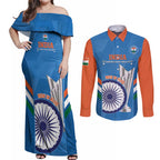 Custom India Cricket Couples Matching Off Shoulder Maxi Dress and Long Sleeve Button Shirt 2nd Champions World Cup Men In Blue