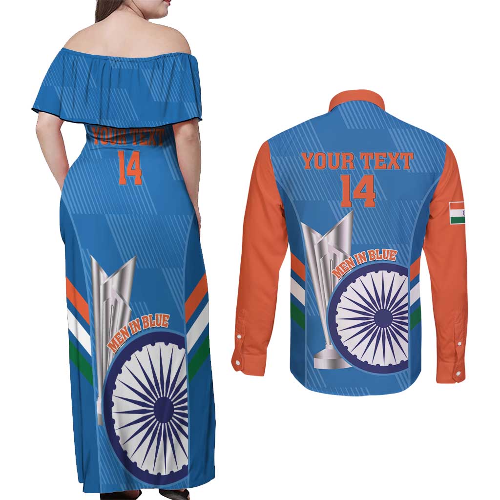 Custom India Cricket Couples Matching Off Shoulder Maxi Dress and Long Sleeve Button Shirt 2nd Champions World Cup Men In Blue