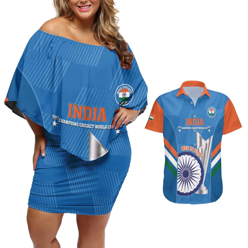 Custom India Cricket Couples Matching Off Shoulder Short Dress and Hawaiian Shirt 2nd Champions World Cup Men In Blue