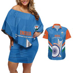 Custom India Cricket Couples Matching Off Shoulder Short Dress and Hawaiian Shirt 2nd Champions World Cup Men In Blue