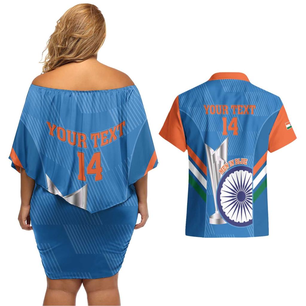 Custom India Cricket Couples Matching Off Shoulder Short Dress and Hawaiian Shirt 2nd Champions World Cup Men In Blue