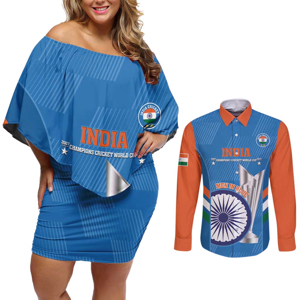 Custom India Cricket Couples Matching Off Shoulder Short Dress and Long Sleeve Button Shirt 2nd Champions World Cup Men In Blue
