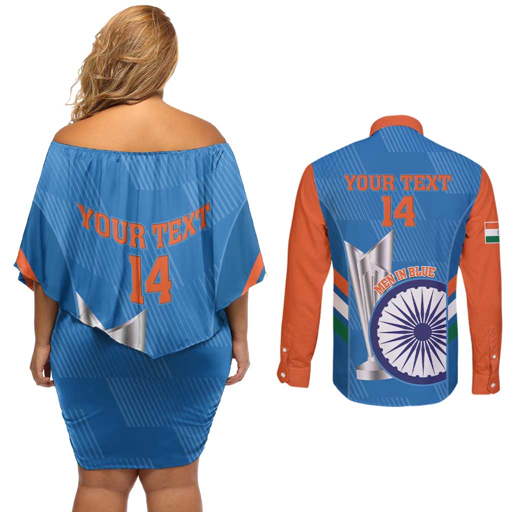 Custom India Cricket Couples Matching Off Shoulder Short Dress and Long Sleeve Button Shirt 2nd Champions World Cup Men In Blue