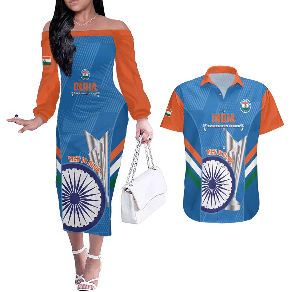 Custom India Cricket Couples Matching Off The Shoulder Long Sleeve Dress and Hawaiian Shirt 2nd Champions World Cup Men In Blue