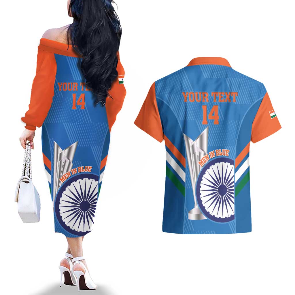 Custom India Cricket Couples Matching Off The Shoulder Long Sleeve Dress and Hawaiian Shirt 2nd Champions World Cup Men In Blue